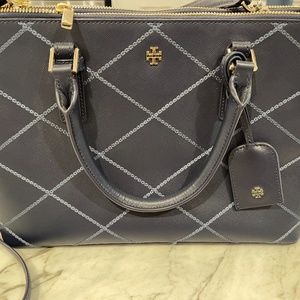 Like New Tory Burch Robinson Stitched Mini Double Zip Tote in Navy